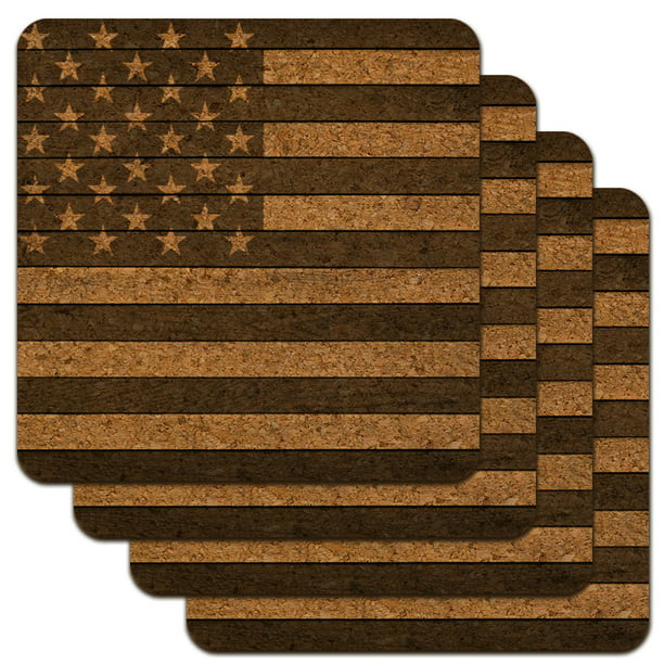 Rustic Subdued American Flag Wood Grain Design Low Profile Cork Coaster Set